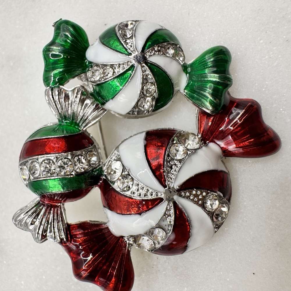 Christmas Candy Brooch Rhinestone Peppermint Red Green Enamel Candy Pin‎